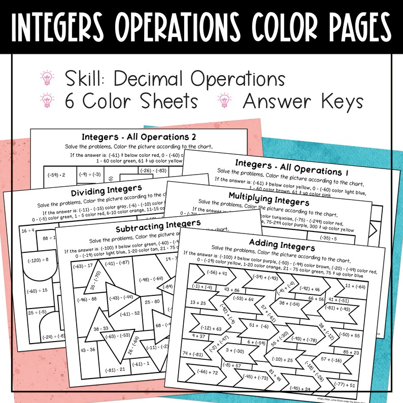 Integer Operations Math Color by Number Pages Worksheets Packet No Prep ...