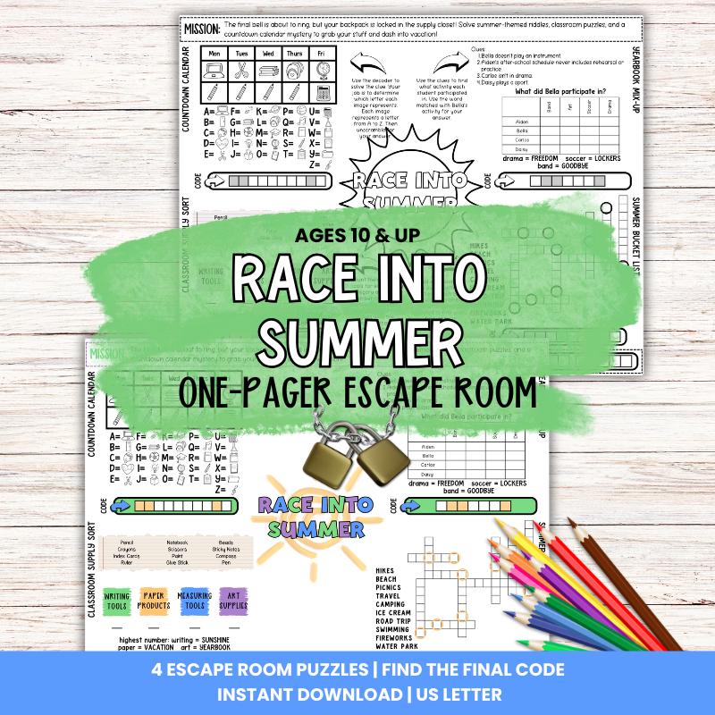 End of School One Page Escape Room for Tweens and Kids, Printable ...