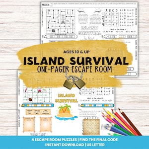 Może przedstawiać: Dwustroniczna gra typu escape room zatytułowana "Island Survival" z zagadkami i wskazówkami. Gra zawiera labirynt, wyzwania związane z łamaniem kodów i motyw przetrwania. Projekt zawiera grafikę tropikalnej wyspy, zamek i kredki.