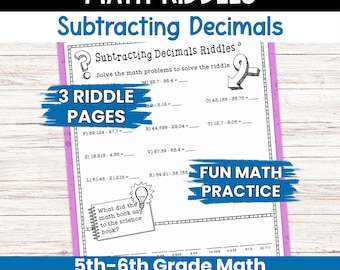 Math Decimals Worksheets with Riddles, Subtracting Decimals, Math Teacher Printable Resource, Fifth Grade, Sixth Grade, Homeschool, Homework