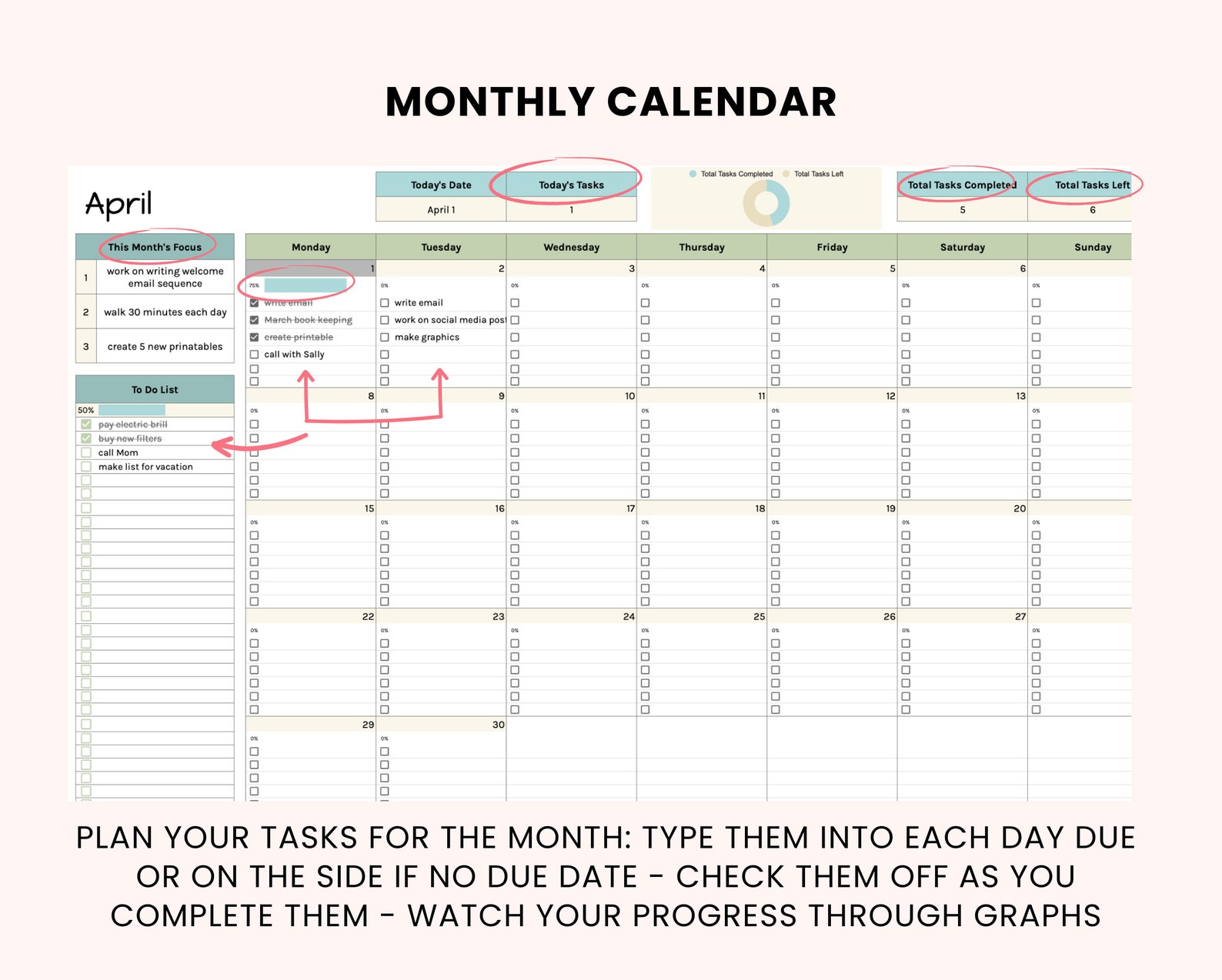 Monthly Calendar Task Tracker for Google Sheets - to Do List ...