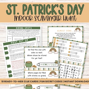 Könnte beinhalten: Druckbarer Indoor-Schnitzeljagd-Spiele-Set zum Thema St. Patrick's Day mit 10 Hinweis-Karten, die ein grünes Kleeblatt, Goldmünzen und Regenbögen zeigen. Das Spiel beinhaltet einen Geheimcode zum Lösen und eine lustige Aktivität für Kinder.
