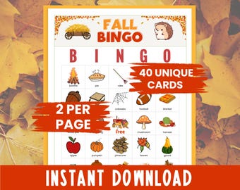 Fall Bingo Game for Kids, 40 Printable Autumn Bingo Cards, Kids Party Games, Family Game Night, Senior Citizen Games, Classroom Fall Party