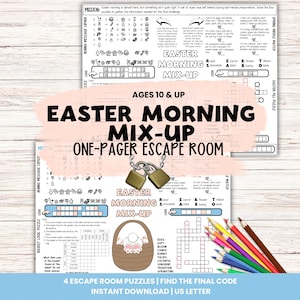 Puede incluir: Se muestran dos rompecabezas de escape con temática de Pascua, titulados "Easter Morning Mix-Up". Los rompecabezas están diseñados para mayores de 10 años. La imagen incluye una cesta con orejas de conejo, un crucigrama y lápices de colores.
