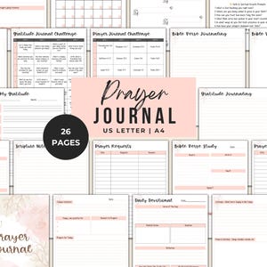 Diario de oración cristiano imprimible - Planificador de fe de 26 páginas en PDF - Diario devocional, estudio bíblico y gratitud - Tamaños carta, A4 y A5