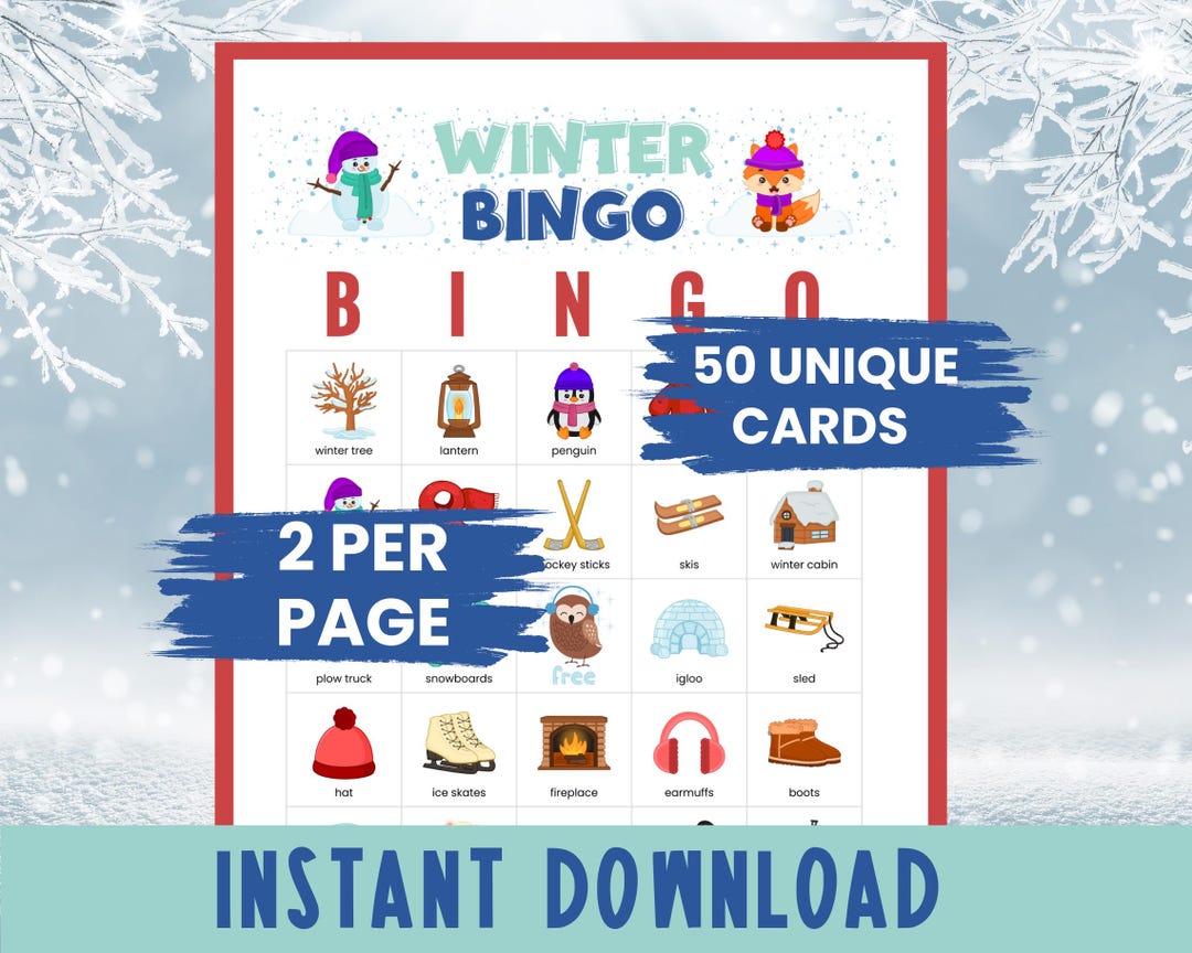 Winter Bingo Game for Kids, 50 Printable Bingo Cards, Family Bingo Game ...