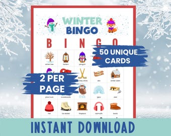 Winter Bingo Game for Kids, 50 Printable Bingo Cards, Family Bingo Game Night, Senior Citizen Games, Classroom Party, Outdoor Winter Bingo