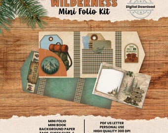 May include: A "Wilderness Mini Folio Kit" digital download with a rustic theme. The kit includes mini book, background paper, tags, fussy cuts, and ephemera. The design features a mountain scene, a backpack, and the text "Explore".