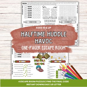 May include: A two-page escape room puzzle titled "Halftime Huddle Havoc" for ages 10 and up. The design features football-themed graphics, a chalkboard cipher, and a football riddle match. Includes colored pencils and two padlocks.