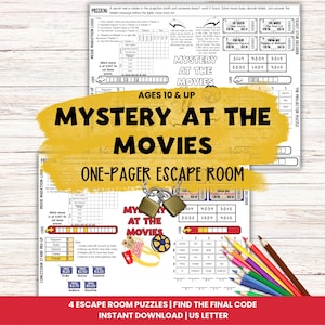 Może przedstawiać: Drukowana łamigłówka escape room "Mystery at the Movies" dla osób w wieku 10+. Projekt zawiera grafikę o tematyce filmowej, wiadro popcornu, rolkę filmu i kolorowe ołówki. Zawiera łamigłówki logiczne, kody i dekoder.