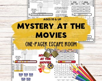 Op de afbeelding: Een printbare "Mystery at the Movies" escape room puzzel voor kinderen vanaf 10 jaar. Het ontwerp bevat filmthema graphics, een popcorn emmer, filmrol en kleurpotloden. Inclusief logische puzzels, codes en een decoder.