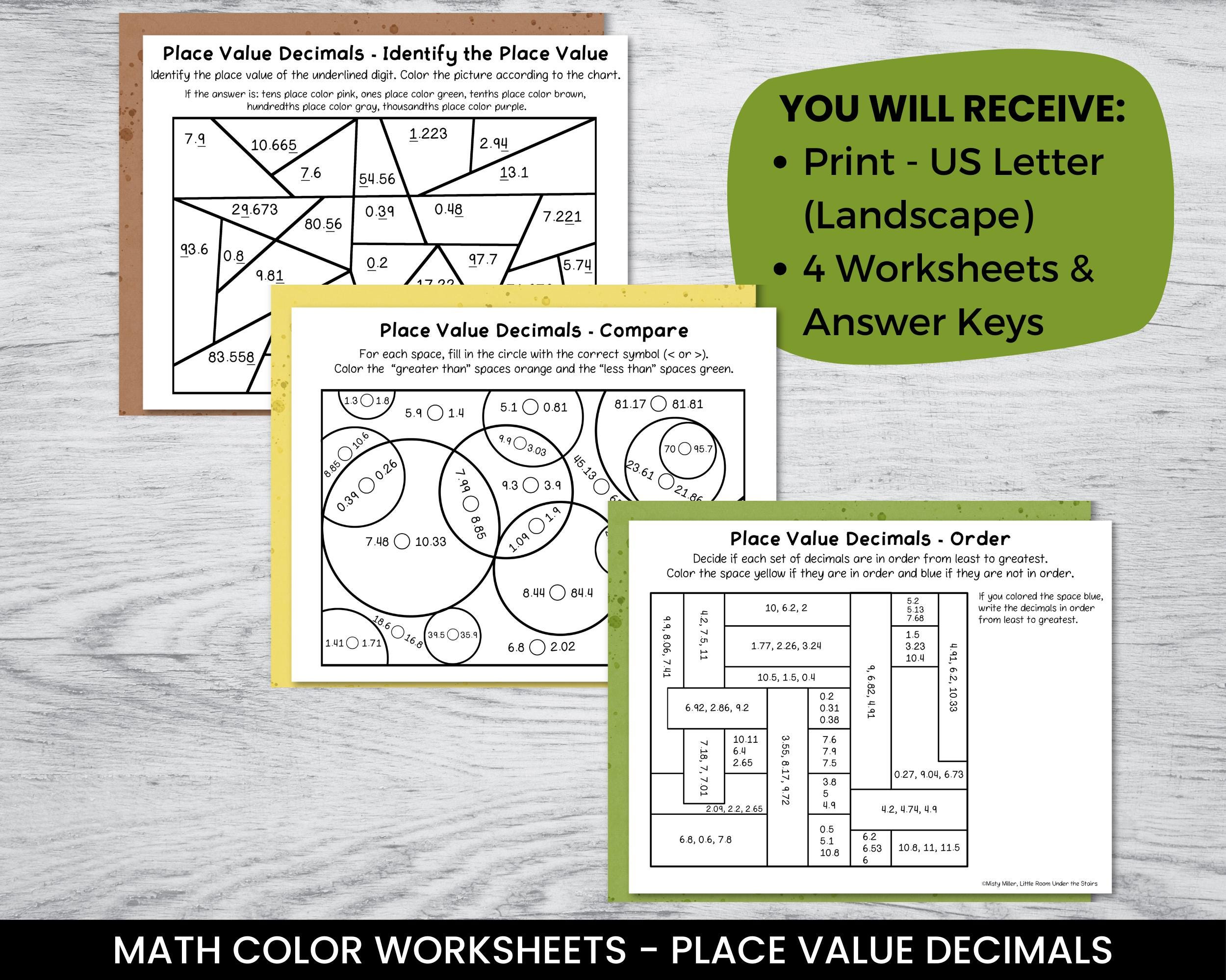 Color by Number Math Worksheets - Decimal Place Value Practice - 5th ...