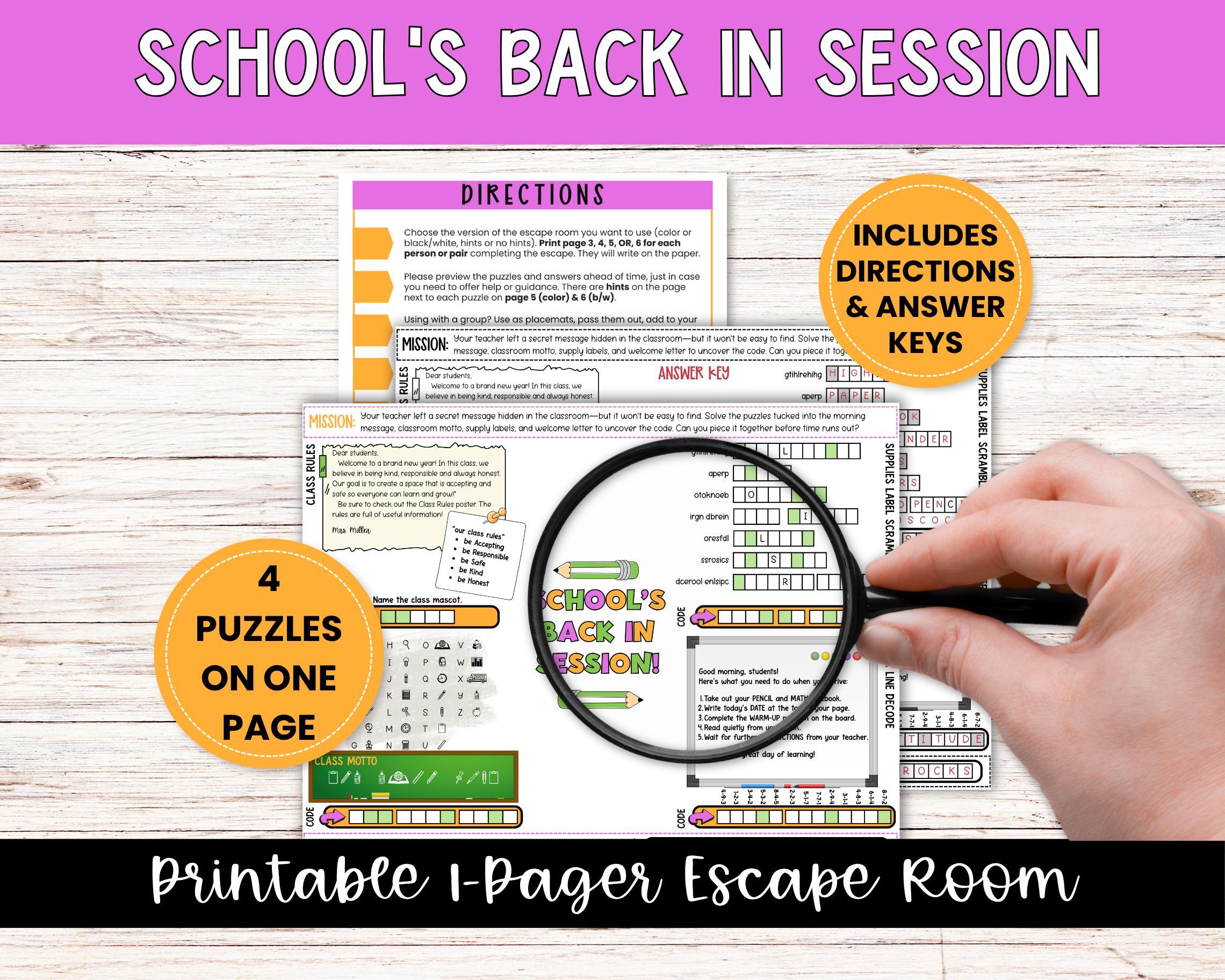 Back to School One Pager Escape Room for Tweens, Teens - Printable ...