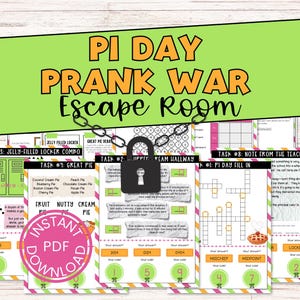 以下が含まれることがあります： パイデーのための印刷可能な脱出ゲーム。このゲームには、ゼリーで満たされたロッカーの組み合わせ、素晴らしいパイのタスク、教師からのメモ、パイデーの穴埋めパズルなど、さまざまなタスクが含まれています。このゲームは、教室で生徒がプレイすることを目的としています。