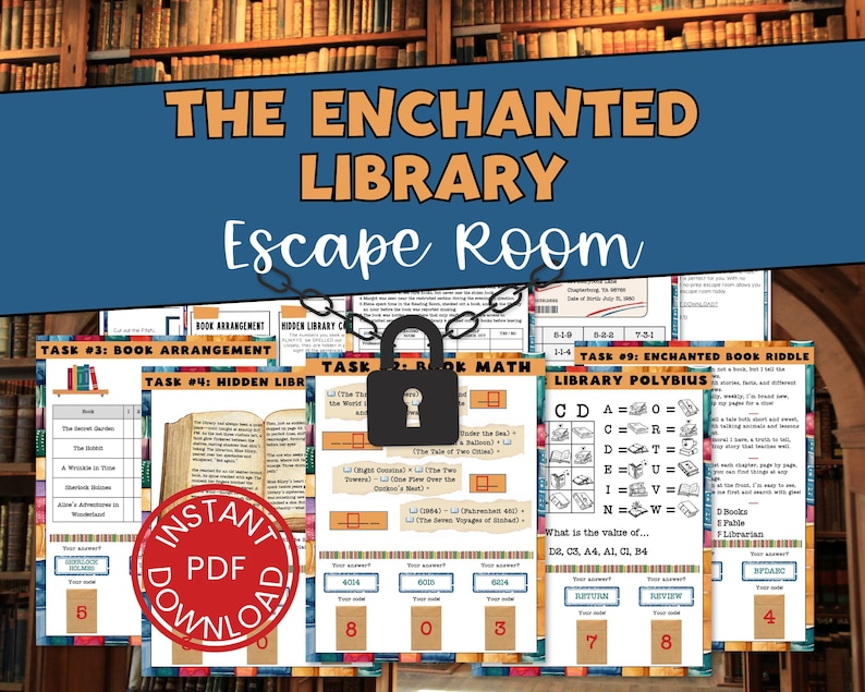 Printable Escape Room for Tweens, Teens, & Kids - The Enchanted Library Escape Room Game - Fun Printable Puzzle Game - Family Game Night