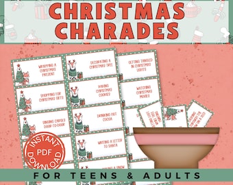 May include: A Christmas Charades game with cards featuring festive activities like decorating a tree and baking cookies. The cards are displayed with a decorative bowl. Text includes "Instant PDF Download" and "For Teens & Adults."