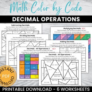 Decimal Operations Color by Number Math Worksheets Packet - No Prep Math Center - Color by Code Math Pages - 5th Grade & 6th Grade