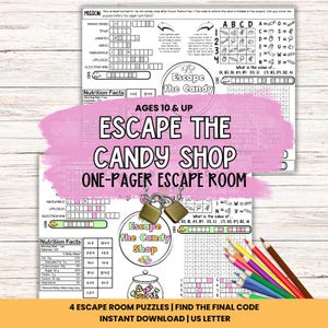 Candy Shop One Pager Escape Room for Tweens, Teens - Printable Puzzle Game - Kids Activity Worksheet