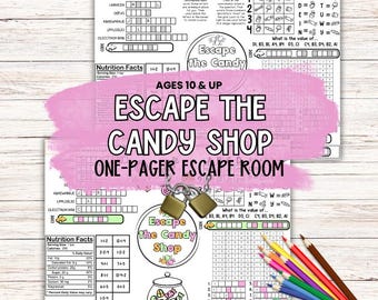 Candy Shop One Pager Escape Room for Tweens, Teens - Printable Puzzle Game - Kids Activity Worksheet Placemat - Mini Escape Room
