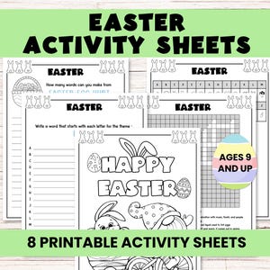 May include: Eight printable Easter activity sheets for children aged 9 and up. The sheets feature word searches, word scrambles, and a colouring page with a bunny and an Easter egg.