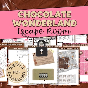 以下が含まれることがあります： チョコレートをテーマにした印刷可能な脱出ゲーム。ゲームには、滴る迷路、川の謎、チョコレートの数学ミックス、チョコレートバーのsudoku、チョコレートコードなどのタスクが含まれています。ゲームは、PDFとしてすぐにダウンロードできるように設計されています。