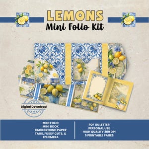 May include: A digital download mini folio kit with a lemon theme. The kit includes a mini book, background paper, tags, fussy cuts, and ephemera. The design features lemons, blue and white floral patterns, and the text "LEMONS Mini Folio Kit".