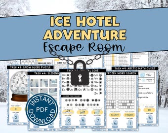Winterescapekamer voor tweens en kinderen - ijshotelavonturenspel - afdrukbaar puzzelspel - familiespelavond - winterstop - teambuilding