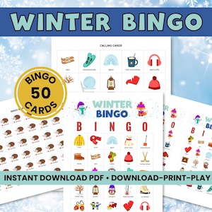 Winter Bingo Game for Kids - Fun Family Game Night Activity with 50 Printable Bingo Board Cards - Winter or Snow Day Activity for Kids