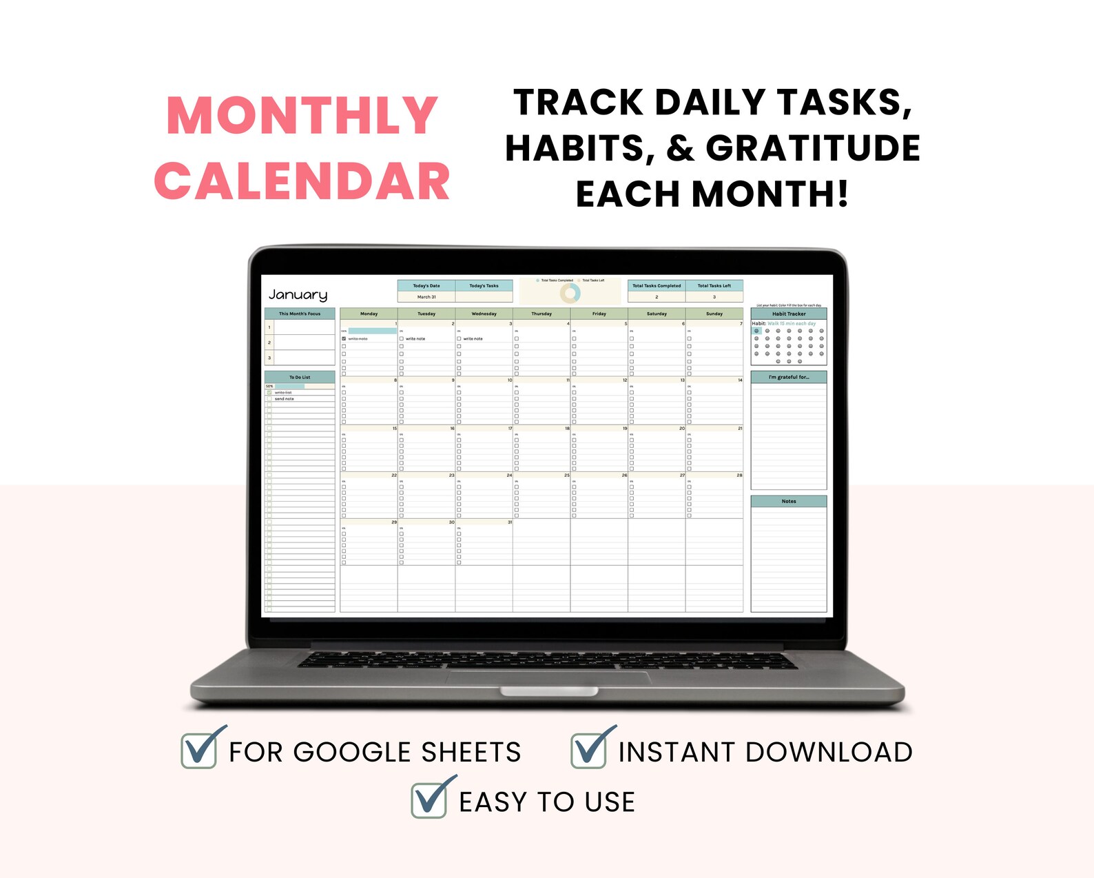 Monthly Calendar Task Tracker for Google Sheets - to Do List ...