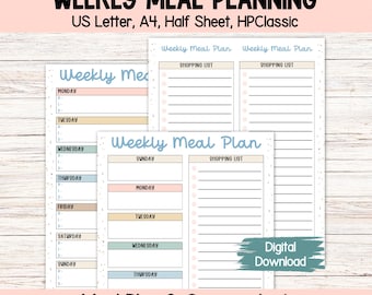 Planificador semanal de comidas, lista de compras imprimible, plan de menú para desayuno, almuerzo y cena, inicio domingo y lunes, lista de compras, comidas familiares.