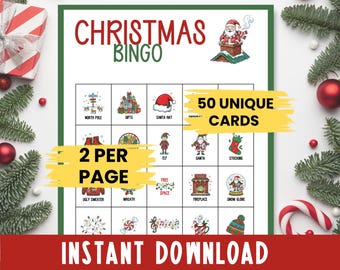 Christmas Bingo Game for Kids, 50 Printable Bingo Cards, Kids Party Games, Family Game Night, Senior Citizen Games, Classroom Party Games