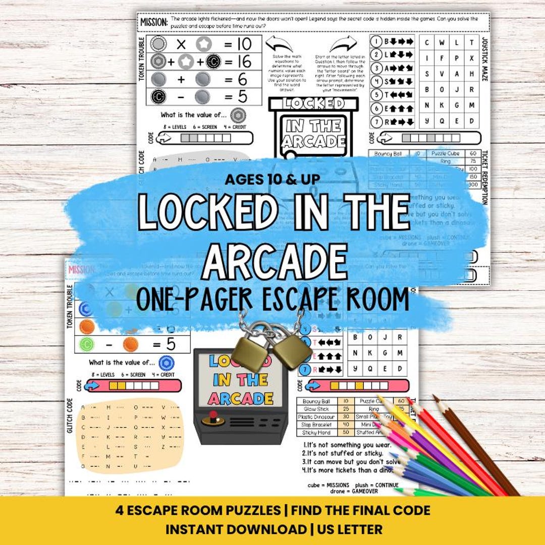 Locked in the Arcade One Pager Escape Room for Tweens, Teens - Mini ...