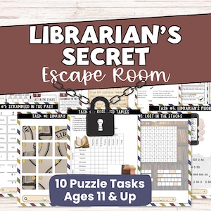 Op de afbeelding: Een escape room spel genaamd "Librarian's Secret Escape Room" met meerdere puzzeltaken. Het ontwerp bevat woordpuzzels en code-kraak uitdagingen. De tekst geeft aan dat het spel geschikt is voor de leeftijd van 11 jaar en ouder.