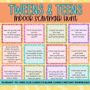 Búsqueda del tesoro en interiores para preadolescentes y adolescentes, pistas de acertijos imprimibles, búsqueda del tesoro para niños mayores, búsqueda del tesoro para fiestas de cumpleaños, búsqueda del tesoro en casa