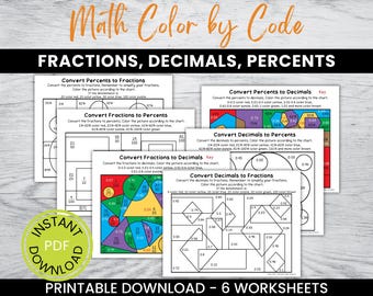 Converting Fractions Decimals and Percents Activity - Math Color by Number - No Prep Math Center - Math Worksheets - 6th Grade & 7th Grade