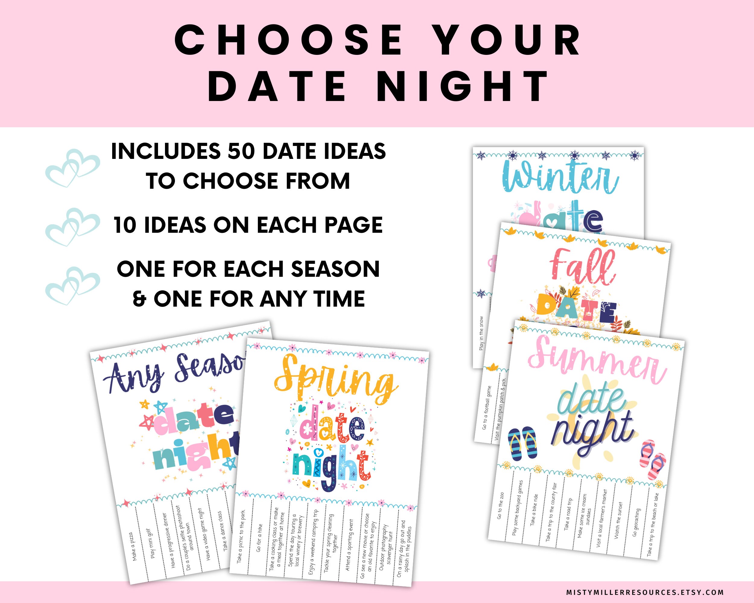 50 Date Ideas on Tear off Flyers Seasonal Date Night Fun Etsy