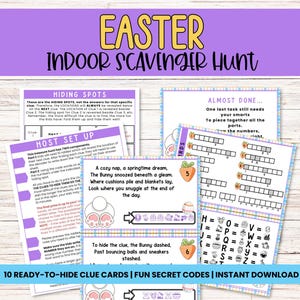 May include: Printable Easter scavenger hunt game with 10 clue cards, secret codes, and a final puzzle. The game features a bunny rabbit theme with pastel colors and illustrations.