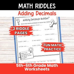 Math Decimals Worksheets with Riddles, Adding Decimals, Math Teacher Printable Resource, Fifth Grade, Sixth Grade, Homeschool, Homework