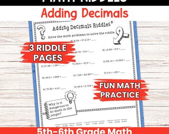 Math Decimals Worksheets with Riddles, Adding Decimals, Math Teacher Printable Resource, Fifth Grade, Sixth Grade, Homeschool, Homework