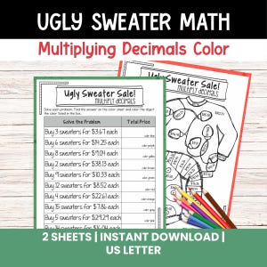 Färglägg efter nummer, julmatteblad, årskurs 5 och 6, multiplikation av decimaler, ful tröja, utskrivbar resurs för mattelärare, hemundervisning