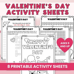 May include: Eight printable Valentine's Day activity sheets for ages 9 and up. The sheets feature word searches, crossword puzzles, and coloring pages.