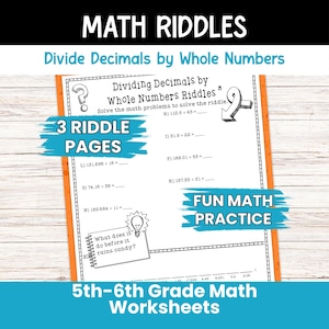 Math Puzzle Worksheets for 5th Grade & 6th Grade, Dividing Decimals by Whole Numbers, Math Riddles Printable, Homework, Fun Class Activity