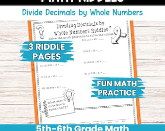 Math Puzzle Worksheets for 5th Grade & 6th Grade, Dividing Decimals by Whole Numbers, Math Riddles Printable, Homework, Fun Class Activity