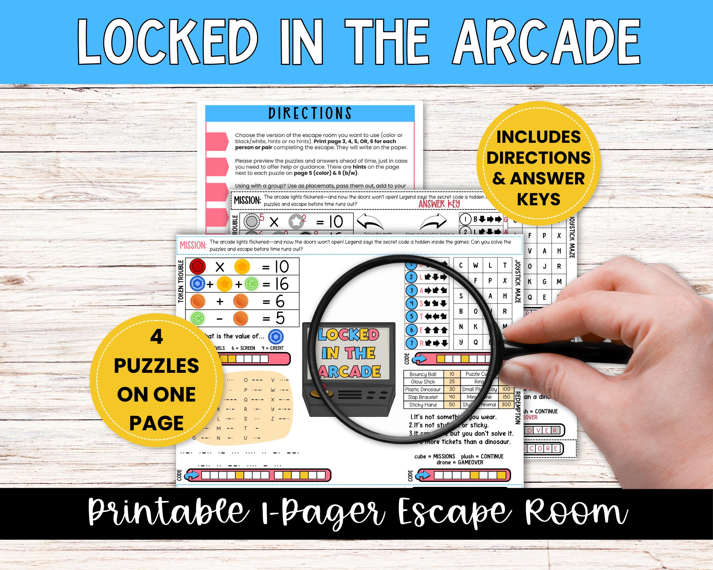 Locked in the Arcade One Pager Escape Room for Tweens, Teens - Mini ...