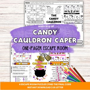 Puede incluir: Un juego de rompecabezas de sala de escape de dos páginas titulado "Candy Cauldron Caper" con el texto "Ages 10 & Up". El juego presenta rompecabezas, un gráfico de caldero de dulces y lápices de colores. El juego es una descarga instantánea.