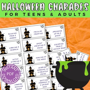 Juego de charadas de Halloween para adolescentes y adultos: juego de fiesta de Halloween imprimible con 50 cartas de charadas + cartas en blanco: noche de juegos en familia