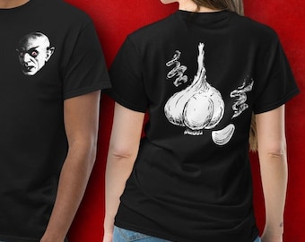 Nosferatu Garlic Humor T-Shirt – Small Front Print, Bold Garlic Back Design - Unisex classic tee