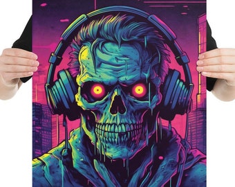 Cyberpunk Zombie with Headphones Poster – Futuristic Illustration in Vibrant Neon Colors