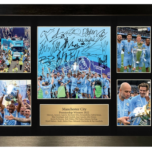 Impressão autografada do Manchester City | Campeões da Premier League 2022, emoldurada, tamanho A3
