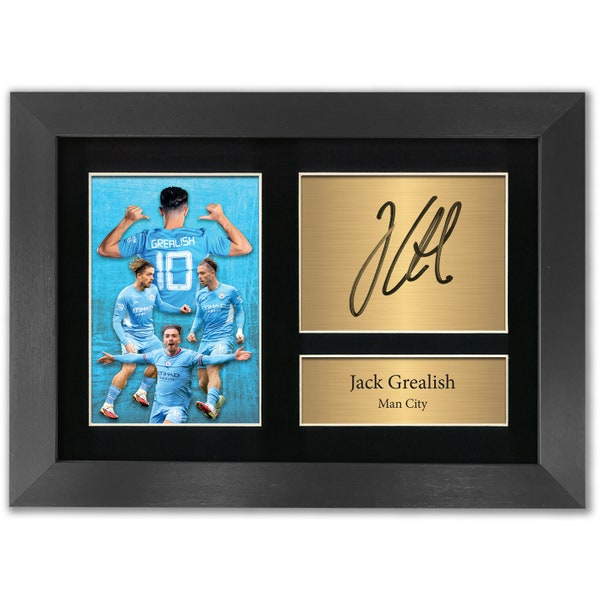 Impressão fotográfica autografada de Jack Grealish, item de recordação do Manchester City (emoldurada)